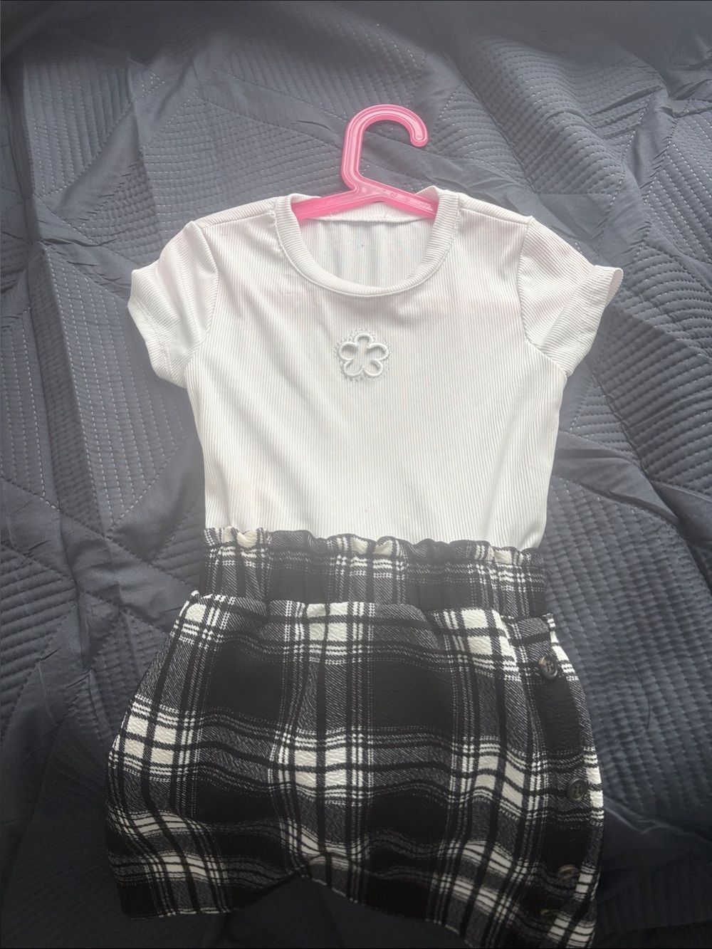 Girls White Top with Black Plaid Skirt Dress - Charming Floral Detail